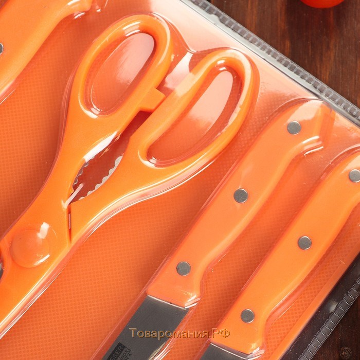 Набор кухонных принадлежностей, 5 предметов: ножи 7,5 см, 12,5 см, 17,5 см, ножницы, доска 29×20 см, цвет МИКС