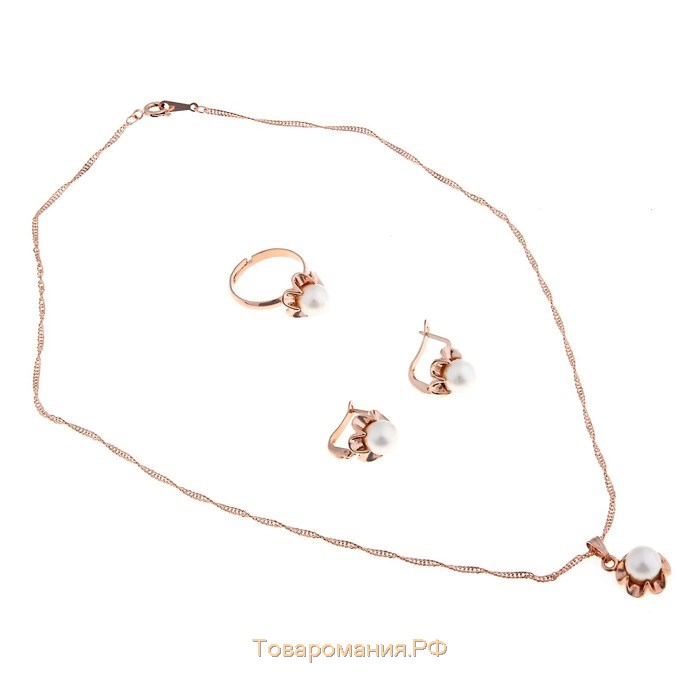 Гарнитур 3 предмета: серьги, кулон, кольцо безразмерное "Эдель" с жемчугом цветок, цвет белый в золоте, 45см