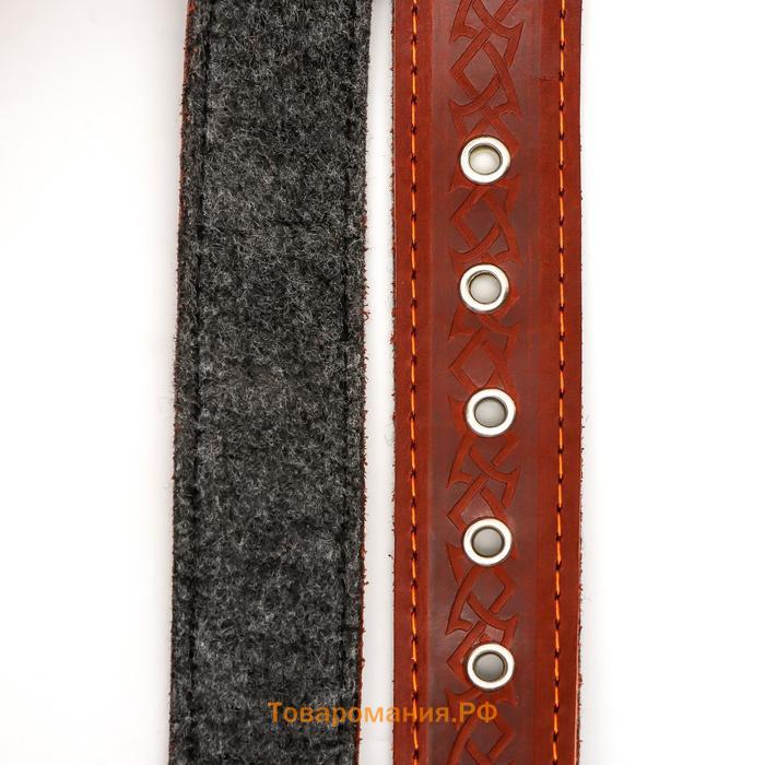 Ошейник кожаный на фетре украшеный, 65 х 3,5 см, ОШ 50-60 см, коричневый