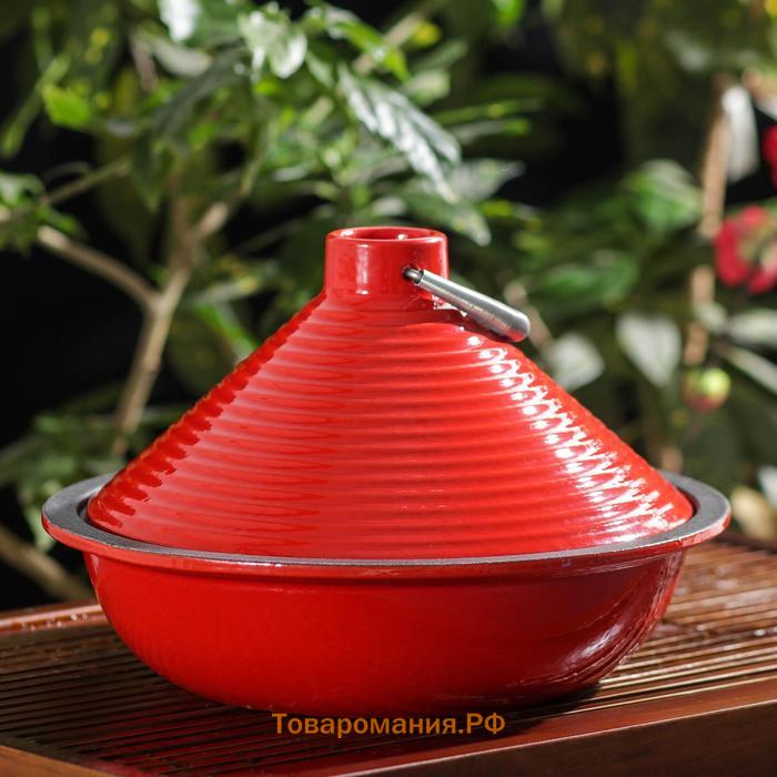 Сковорода-тажин чугунная с доской для подачи, 23,5×16 см, цвет красный