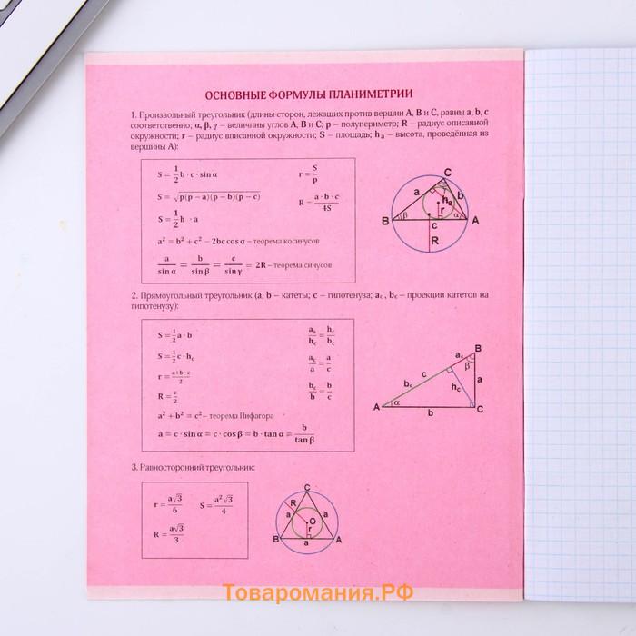 Тетрадь предметная 48 листов, А5, РОЗОВАЯ СЕРИЯ, со справ. мат. «Геометрия», обложка мелованный картон 230 г внутренний блок в клетку белизна 9...