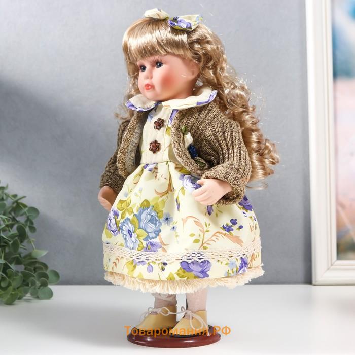 Кукла коллекционная керамика "Танечка в платье с цветами, в бежевом джемпере" 30 см