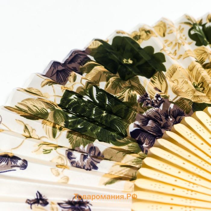 Веер бамбук, текстиль h=21 см "Цветы" с чехлом, бежевый