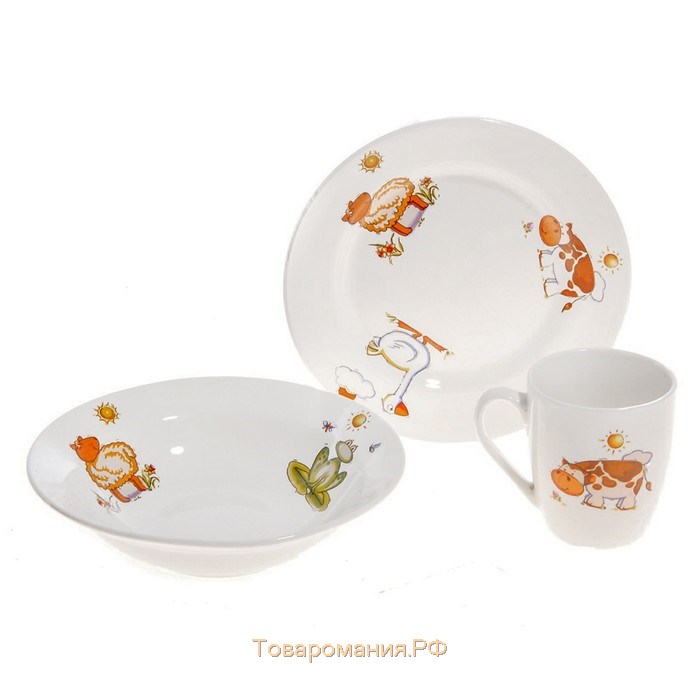 Набор детской посуды "Зоопарк", 3 предмета: тарелка 17,5 см, миска 250 мл (d=17,5 см), кружка 260 мл