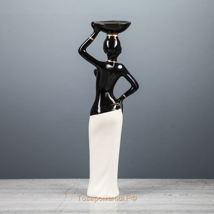Статуэтка "Эфиопка с тарелкой", черно-белая, керамика, 32 см