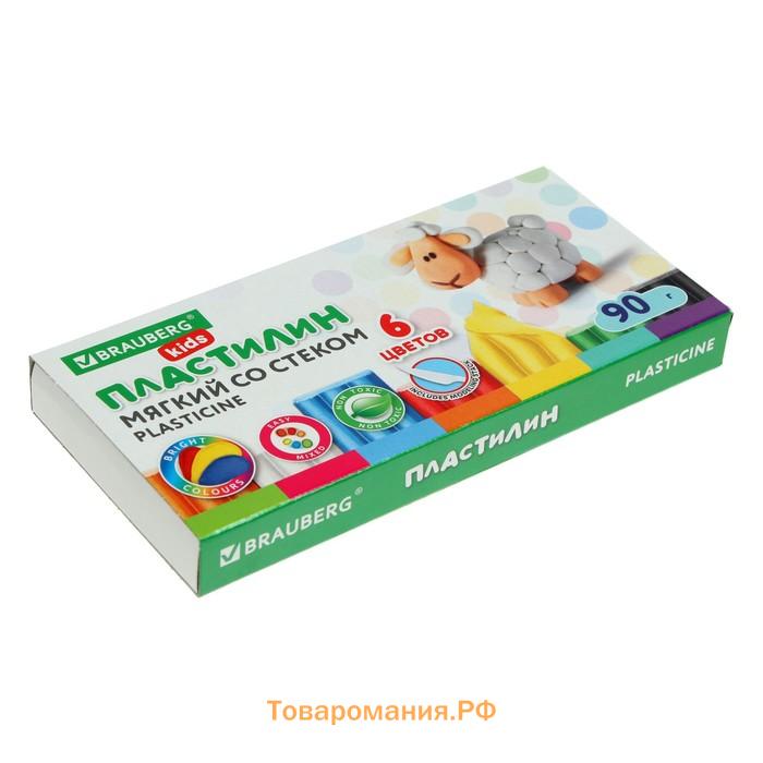 Пластилин мягкий, восковой, 6 цветов, 90 г, KIDS, со стеком