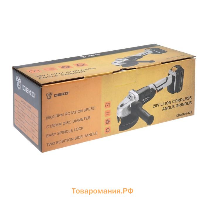 Аккумуляторная угловая шлифмашина DEKO DKAG20-125, 20 В, 2 Ач, Li-Ion, d=125х22.2 мм