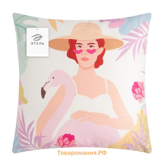 Подушка  "Девушка с фламинго", 40х40 см, 100% п/э, велюр