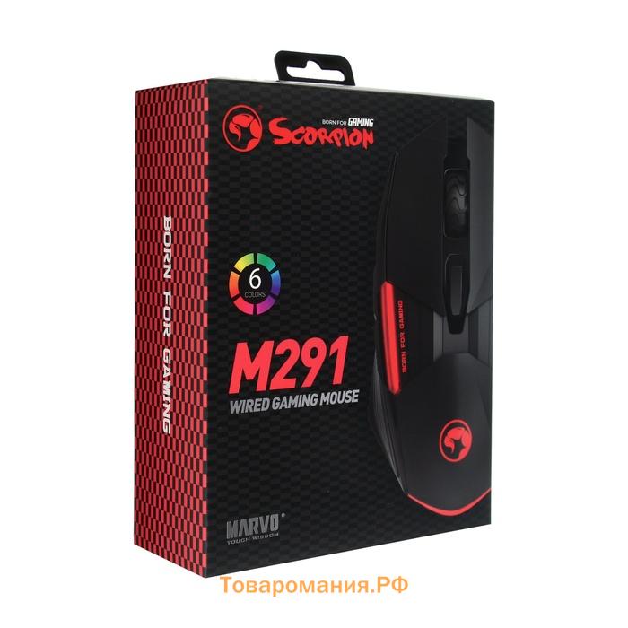 Мышь Marvo M291, игровая, проводная, оптическая, подсветка, 6400 dpi, USB, 1.5 м, чёрная