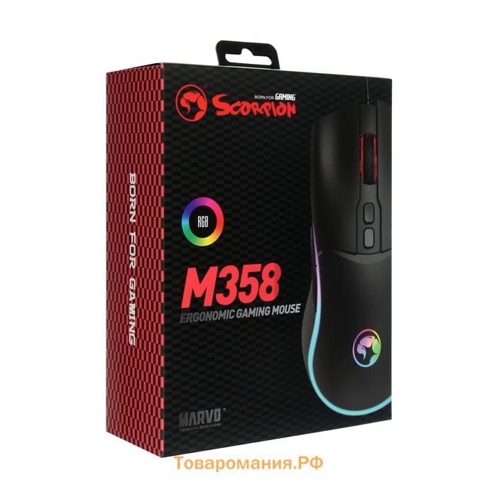 Мышь Marvo M358, игровая, проводная, 4 кнопки, оптическая, RGB, 7200 dpi, USB, 1.6м, чёрная