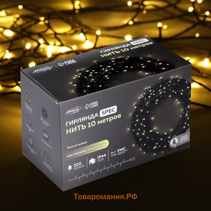 Гирлянда «Нить» 10 м, IP44, УМС, тёмная нить, 100 LED, свечение тёплое белое, мерцание всех светодиодов, 24 В