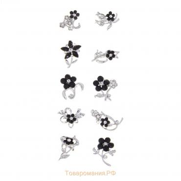 Брошь "Цветы" мини, форма МИКС, цвет чёрно-белый в серебре (неделимая фас.12шт, цена за шт)