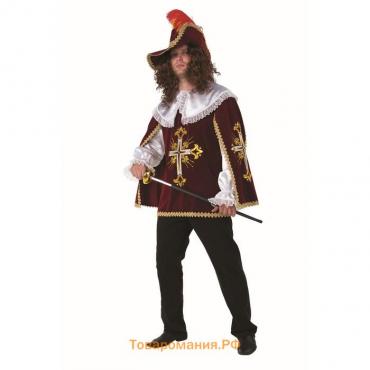 Карнавальный костюм «Мушкетёр бордо», бархат, плащ, парик, шляпа , р. 54, рост 188 см