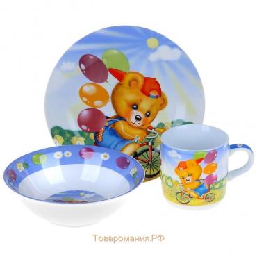 Набор детской посуды из керамики «Мишка на велосипеде», 3 предмета: кружка 230 мл, миска 400 мл, тарелка d=18 см