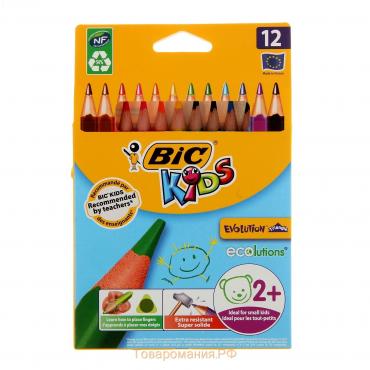 Карандаши 12 цветов, детские, утолщенные, трёхгранные, BIC Kids Evolution Triangle, пластиковые, премиум, картонная упаковка