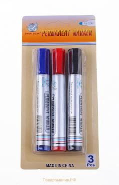 Набор перманентных маркеров, 3 цвета: синий, красный, чёрный, наконечник круглый 4 мм, на блистере