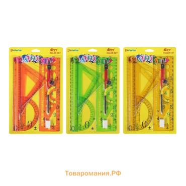 Набор геометрический, чертежный, блистер: линейка 30 см, 2 треугольника, транспортир, ластик, циркуль, линейка с трафаретами, тонированный, МИКС