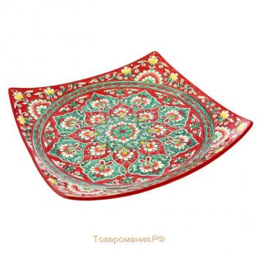 Ляган Риштанская Керамика "Цветы", 32 см, квадратный, красный