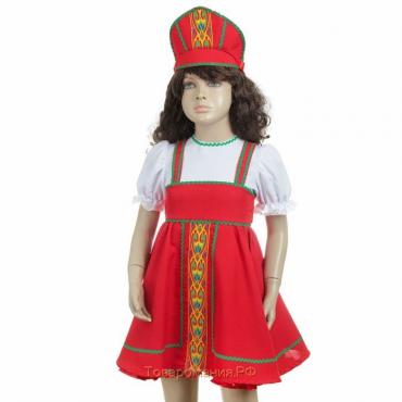 Русский народный костюм, кокошник, сарафан с рубашкой, цвет красный, рост 122-128, 6-7 лет