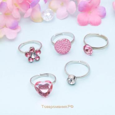 Кольцо детские "Ассорти" романтика, цвет бело-розовый в серебре, фас 36 шт