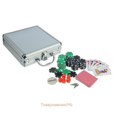 Покер в металлическом кейсе (карты 2 колоды, фишки 100 шт б/номинала, 5 кубиков), 20 х 20 см