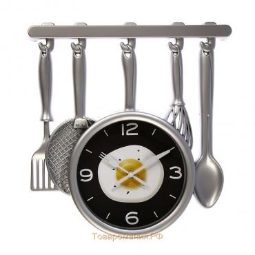 Часы настенные, серия: Кухня, "Кухонная утварь", 32 х 34 см, серебро