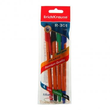 Набор ручек шариковых 4 цвета R-301 Orange Stick, узел 0.7 мм, чернила: синие, чёрные, красные, зелёные, длина линии письма 2000 метров, европодвес