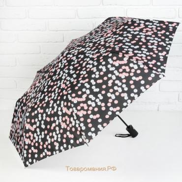 Зонт полуавтоматический «Конфетти», прорезиненная ручка, 3 сложения, 8 спиц, R = 49 см, цвет чёрный/розовый