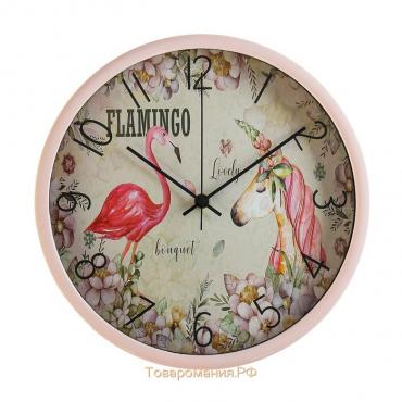 Часы настенные, серия: Животный мир, "Фламинго", плавный ход, d=30 см