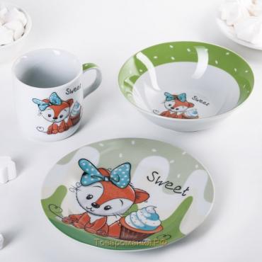 Набор детской посуды из керамики «Лисёнок», 3 предмета: кружка 230 мл, миска 400 мл, тарелка d=18 см