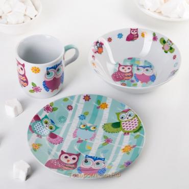 Набор детской посуды из керамики «Совушки», 3 предмета: кружка 230 мл, миска 400 мл, тарелка d=18 см, цвет белый