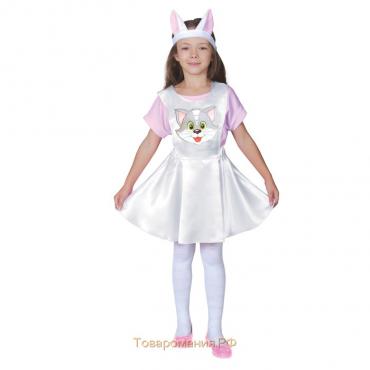 Карнавальный костюм "Кошечка", белый атлас, сарафан, головной убор, р-р 28, рост 98-104 см