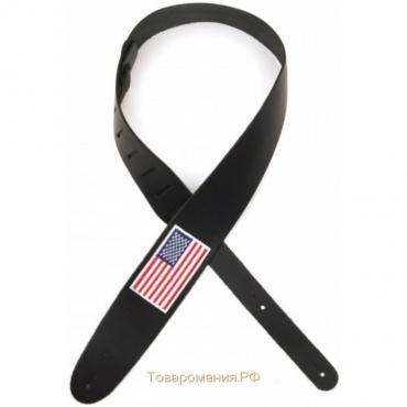 Гитарный ремень PLANET WAVES 25PL01, кожа, черный, нашивка "флаг USA"