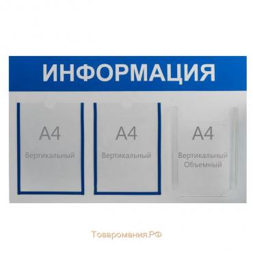 Информационный стенд «Информация» 3 кармана (2 плоских А4, 1 объемный А4), цвет синий