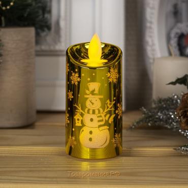 Светодиодная фигура «Золотистая свеча со снеговиком» 5 × 9 × 5 см, пластик, батарейки AG13х3, свечение тёплое белое