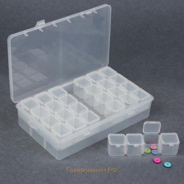 Набор органайзеров для рукоделия, 7 рядов по 4 ячейки, в контейнере со съёмным отделением, 24,5 × 13,5 × 5,5 см, цвет прозрачный