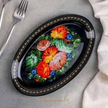 Блюдо стеклянное сервировочное овальное «Народные мотивы», 24,5×15 см, цвет чёрный
