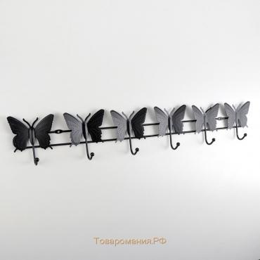 Вешалка настенная на 6 крючков «Бабочки», 57×10×3,5 см, цвет чёрный