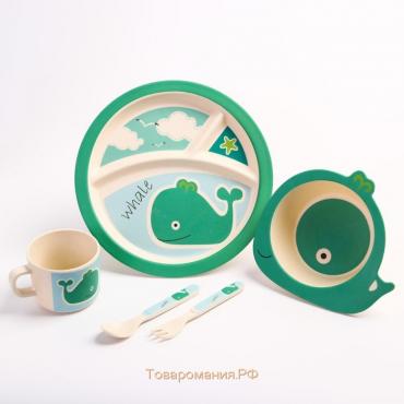 Набор детской бамбуковой посуды «Китенок»,тарелка, миска, кружка, приборы, 5 предметов