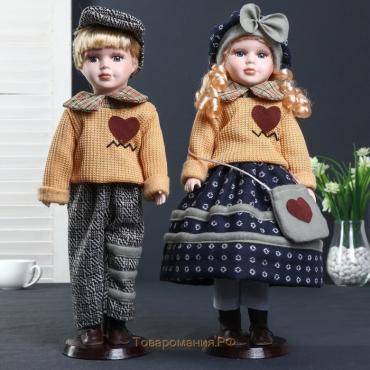 Кукла коллекционная парочка набор 2 шт "Полина и Митя в свитерах с сердечками" 40 см