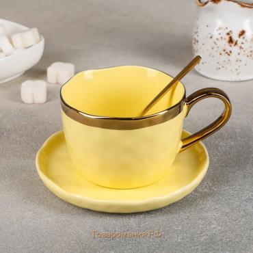 Чайная пара «Латона», чашка 250 мл, 12,8×9×6,5 см, блюдце 13,5×1,5 см, ложка, цвет жёлтый