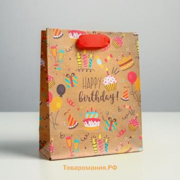 Пакет подарочный крафтовый вертикальный, упаковка, «Happy birthday», S 12 х 15 х 5.5 см