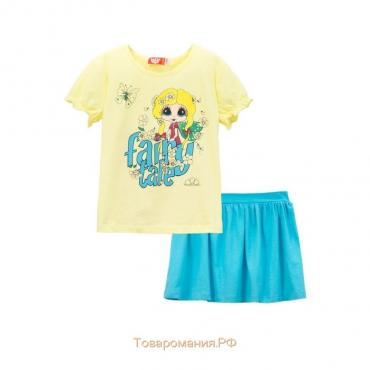 Комплект для девочки (футболка, юбка), рост 92, цвет светло-жёлтый/ярко-бирюзовый