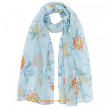 Палантин женский текстильный, цвет голубой/цветы, размер 90х180
