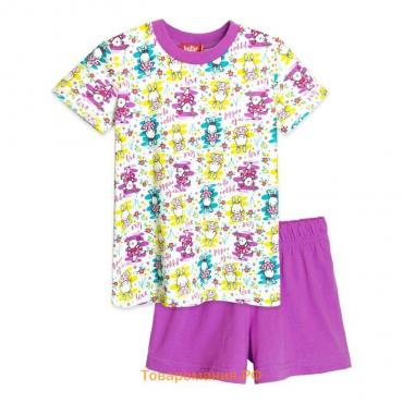 Комплект для девочки из футболки и шорт, рост 128 см, цвет белый, фиолетовый