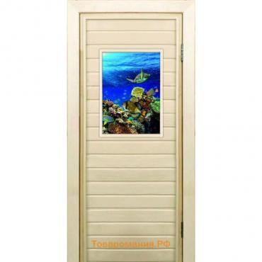 Дверь для бани со стеклом (40*60), "Морской мир", 170×70см, коробка из осины