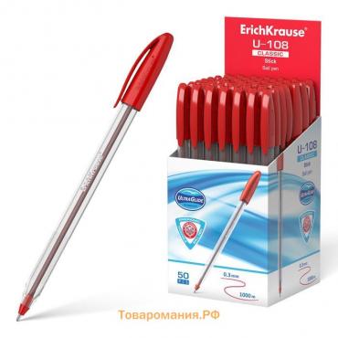 Ручка шариковая ErichKrause U-108 Classic Stick, узел 1.0 мм, чернила красные, супермягкое письмо, длина линии письма 1000 метров