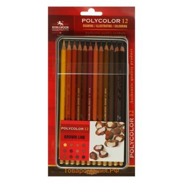 Карандаши Koh-I-Noor POLYCOLOR 3822, BRAUN LINE, металлический пенал в блистере, 12 цветов