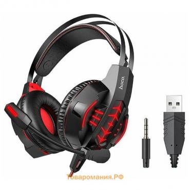 Наушники Hoco W102, игровые, полноразмерные, микрофон, USB, 3.5мм, 2 м, красные