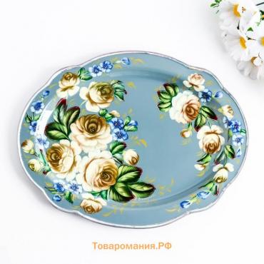 Поднос жостовский "Белые цветы", серо-голубой, с авторской росписью, 30х23 см